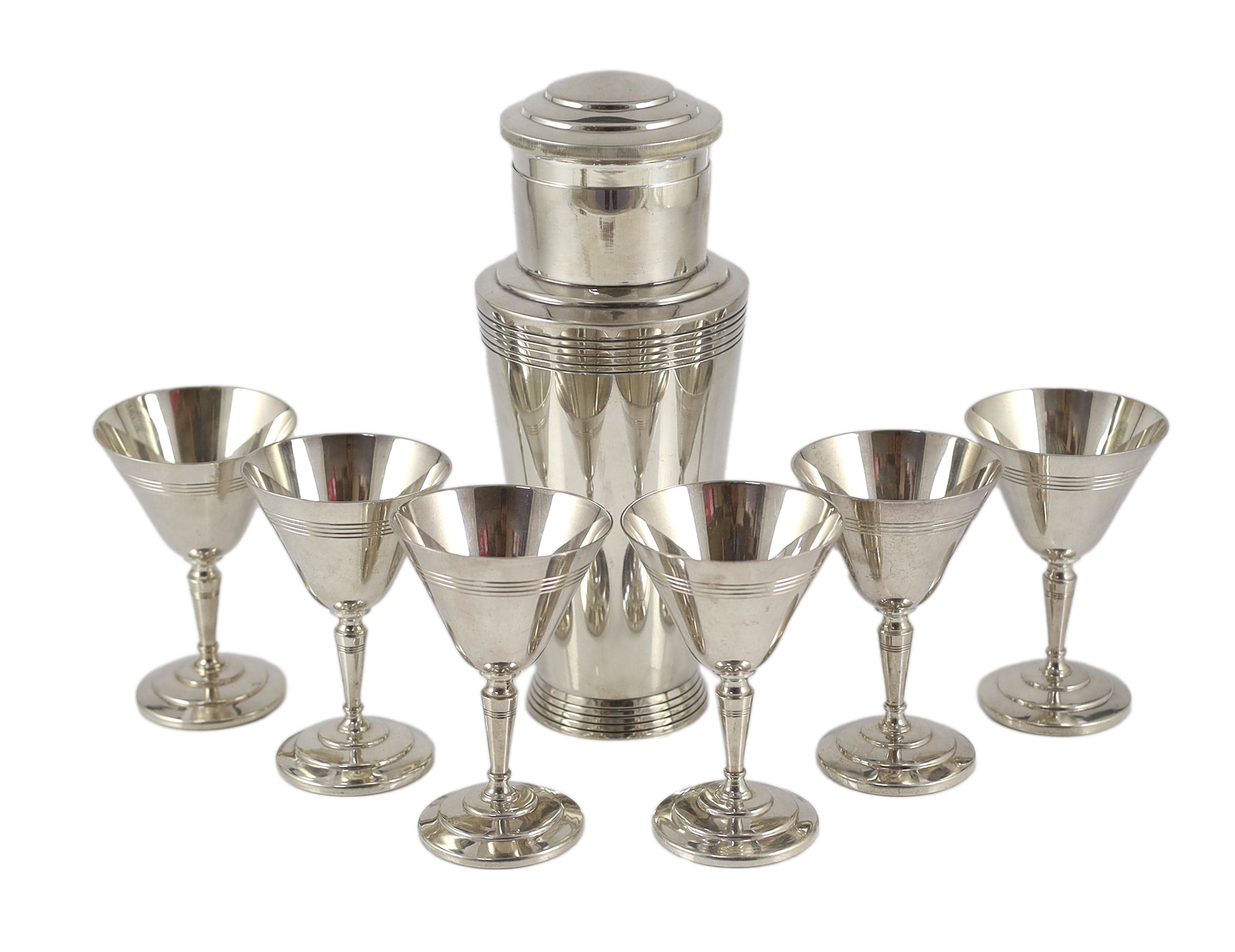 A 1930's Art Deco Mappin & Webb silver plated cocktail shaker designed by Keith Murray, numbered W28721